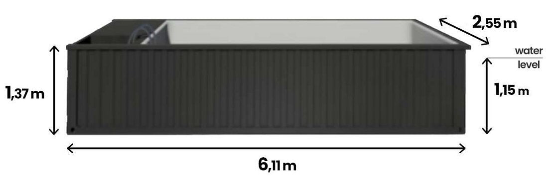 Piscina contenedor 6,11 x 2,5m lista para usar con techo, pack premium